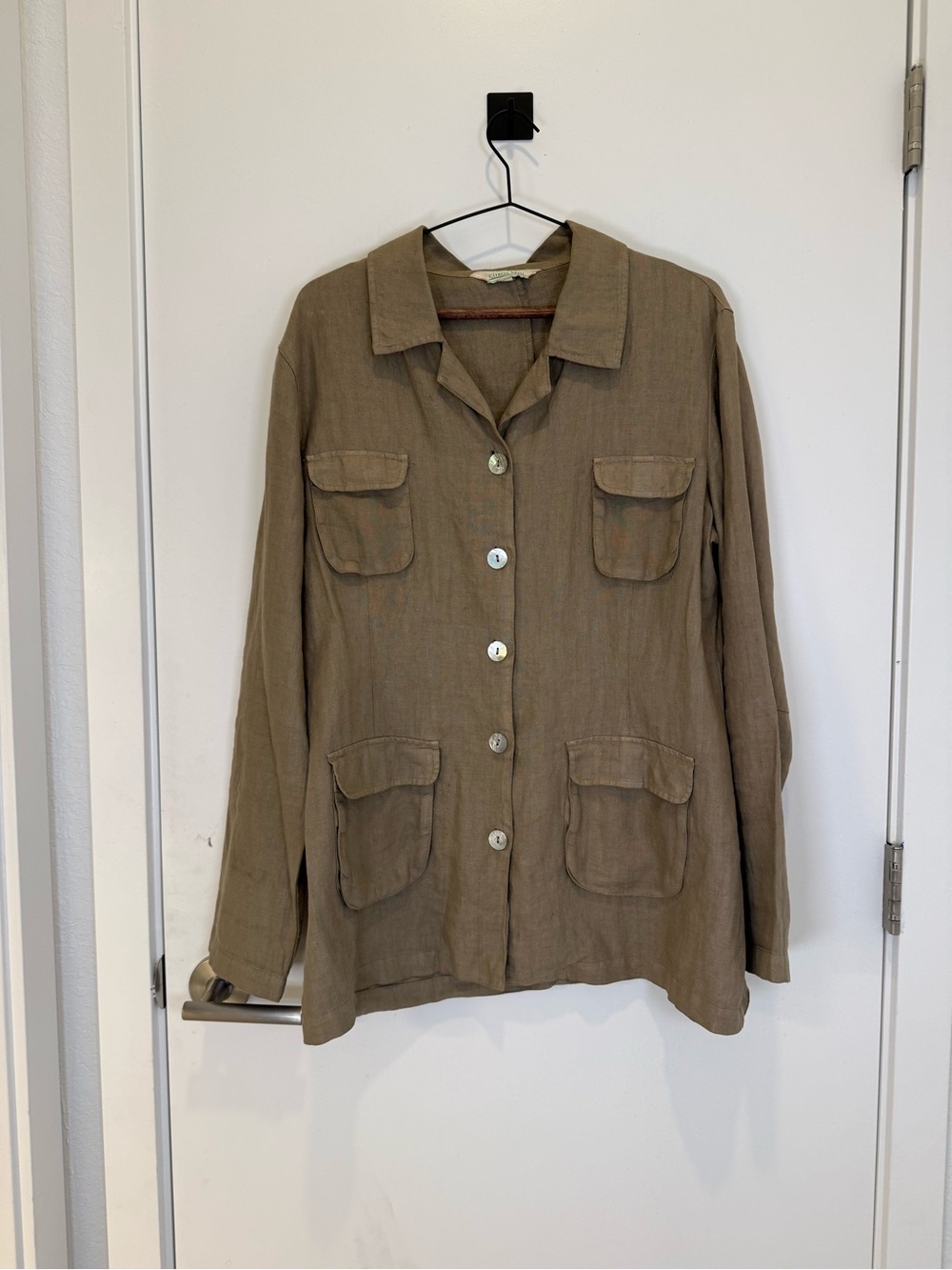 Vintage 100% Linen Citron Blue Light Weight Utility Button-Front Jacket in Brown
